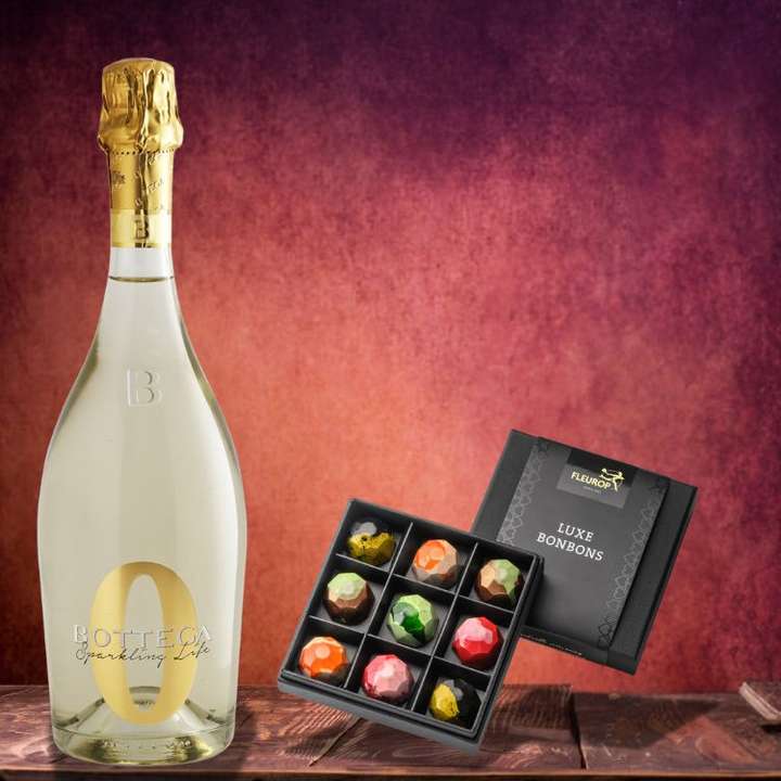 Bottle of Bottega Zero White Sparkling wine + Chocolate Bonbons