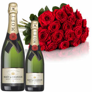 Rode Rozen + Champagne, Moet Chandon Brut | Fleurop